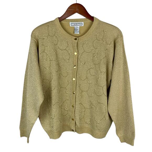 Vintage Dress Barn Cardigan Sweater Gold Knit Embroidered Beaded Women's L - Picture 1 of 6
